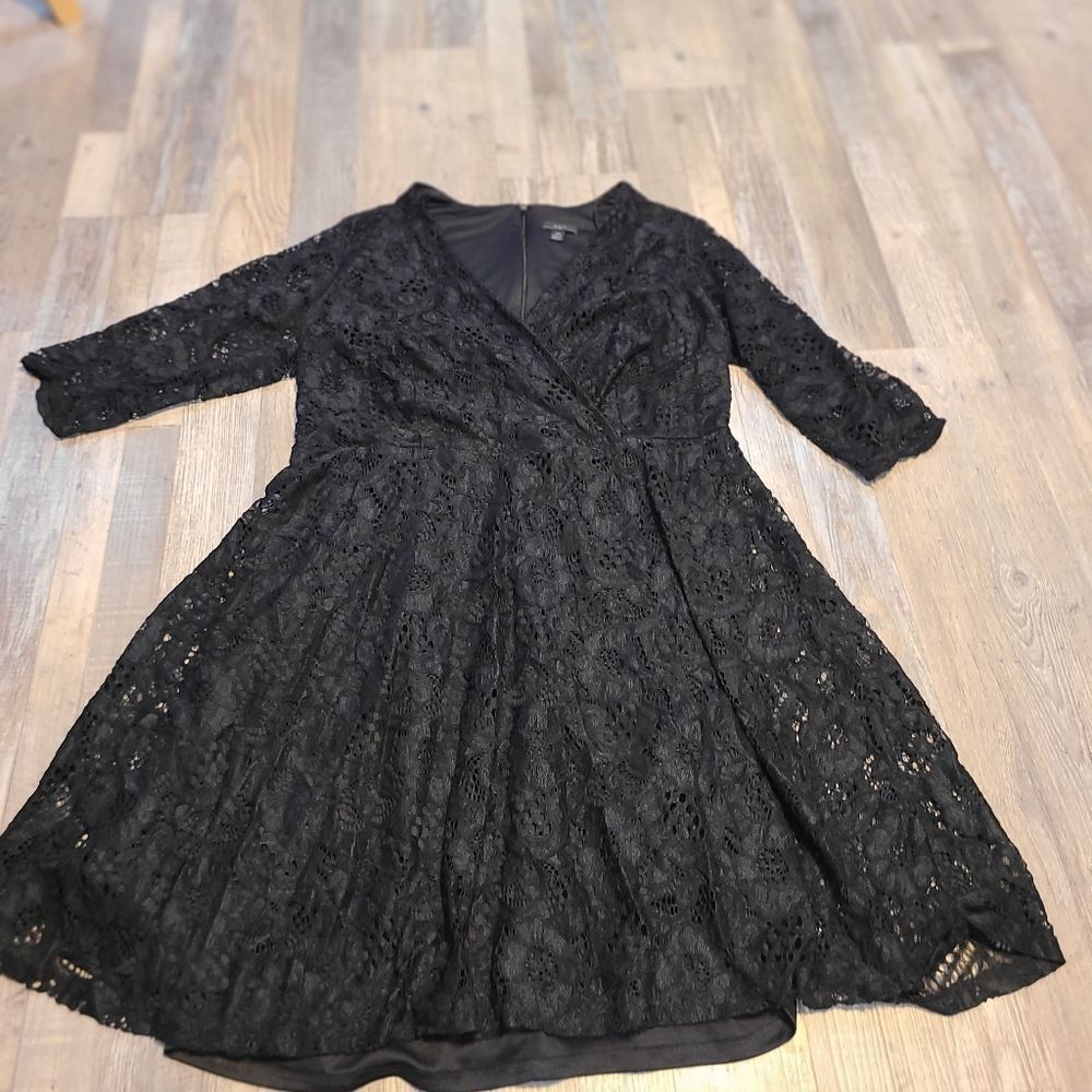 R & K 16w womens black lace midi dress 3/4 sleeve